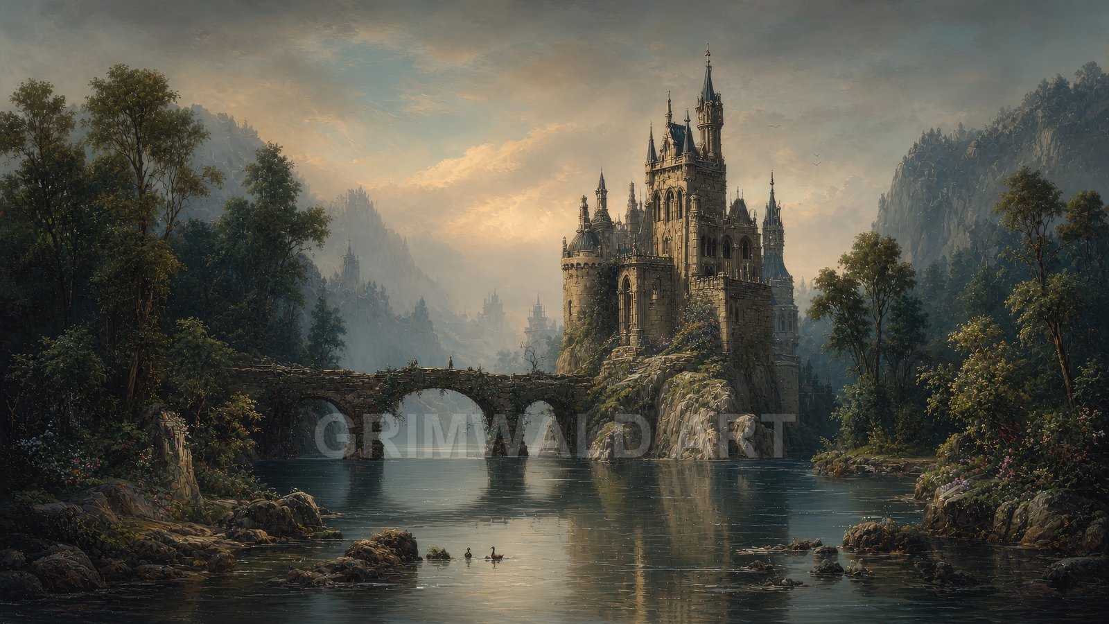 Grand stone castle with spires on rocky islet, arched bridge crossing tranquil lake, forested mountains beyond under soft golden evening light.
