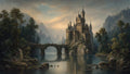 GRID THUMBNAIL — Grand stone castle with spires on rocky islet, arched bridge crossing tranquil lake, forested mountains beyond under soft golden evening light.