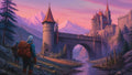 GRID THUMBNAIL — Pink sunset lights a medieval castle and arched bridge above a winding river in a pine valley, with two travellers approaching below snowy peaks.