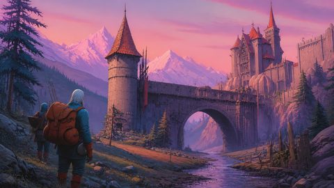 GRID THUMBNAIL — Pink sunset lights a medieval castle and arched bridge above a winding river in a pine valley, with two travellers approaching below snowy peaks.