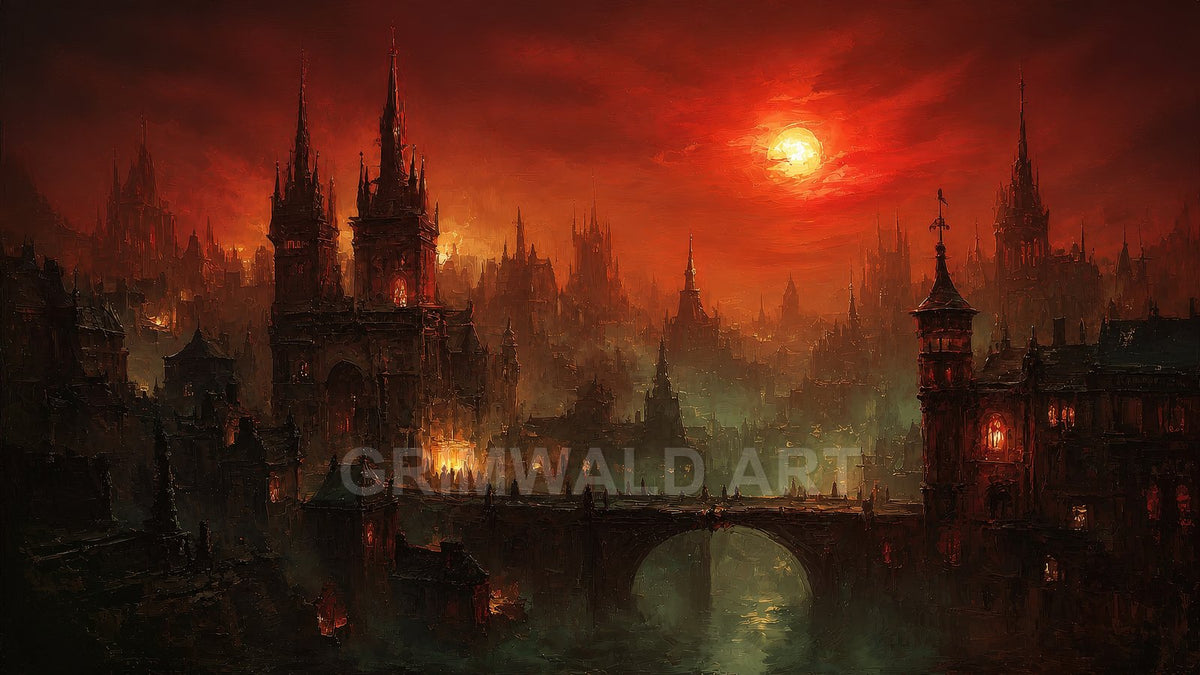 A dark gothic city of spires with glowing windows and an arched bridge over a river beneath a blazing blood-red sunset and mist.
