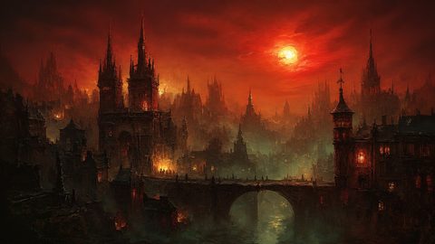 GRID THUMBNAIL — A dark gothic city of spires with glowing windows and an arched bridge over a river beneath a blazing blood-red sunset and mist.