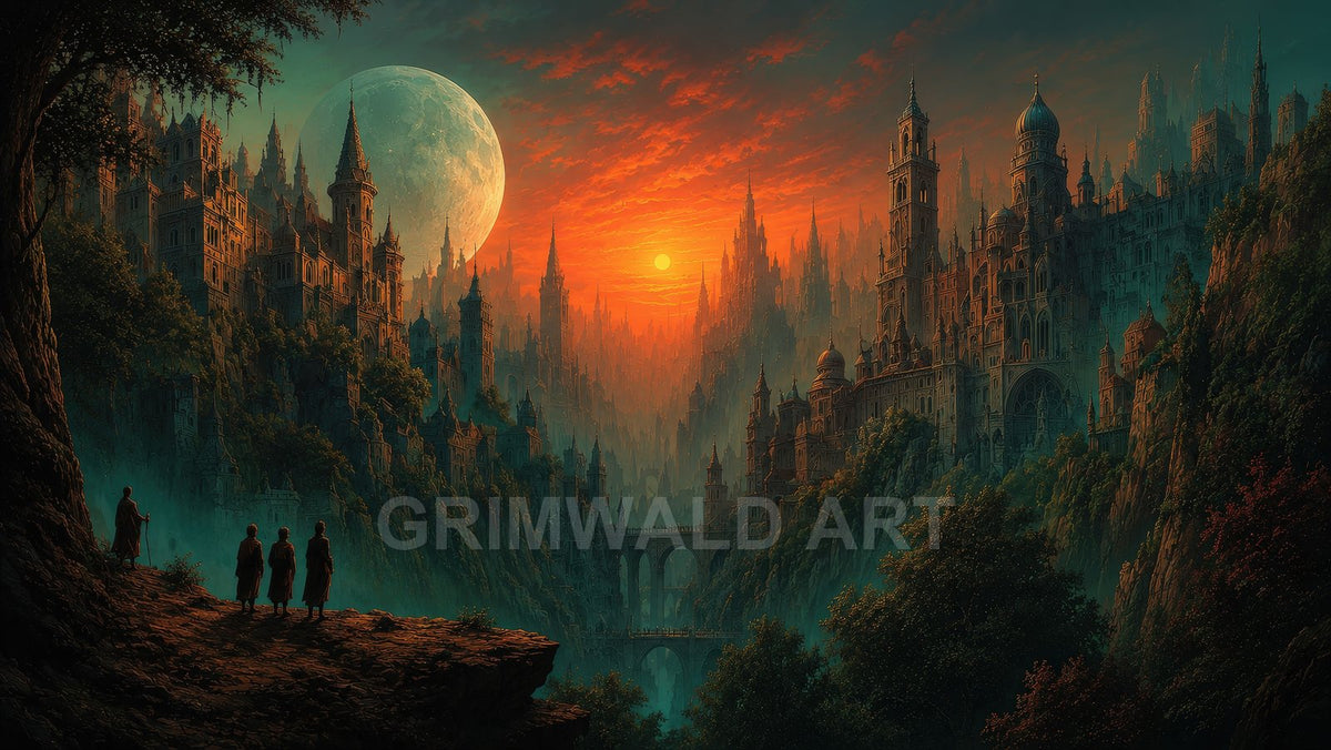 Fantasy valley city with towering castles and bridges at sunset, huge moon rising, four small travellers on a cliff beneath a tree.