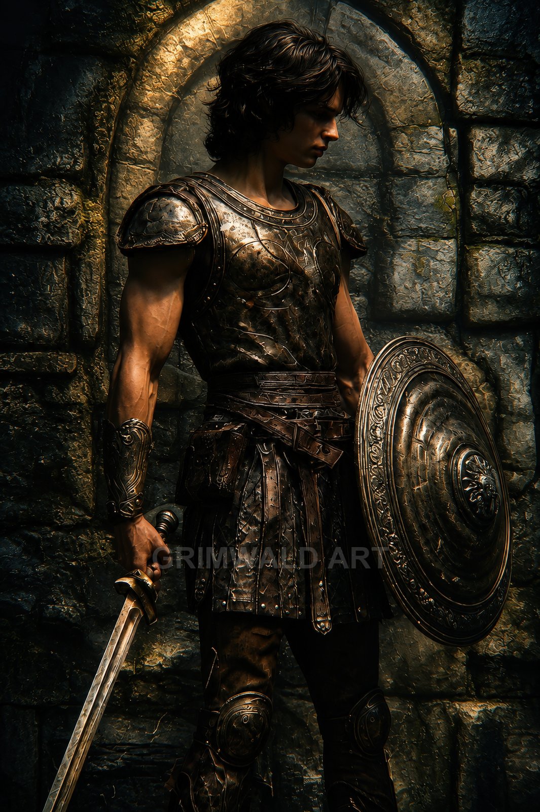 A male warrior in ornate bronze armour holds a sword and round shield, standing before a stone archway lit by warm torchlight.