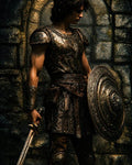GRID THUMBNAIL — A male warrior in ornate bronze armour holds a sword and round shield, standing before a stone archway lit by warm torchlight.