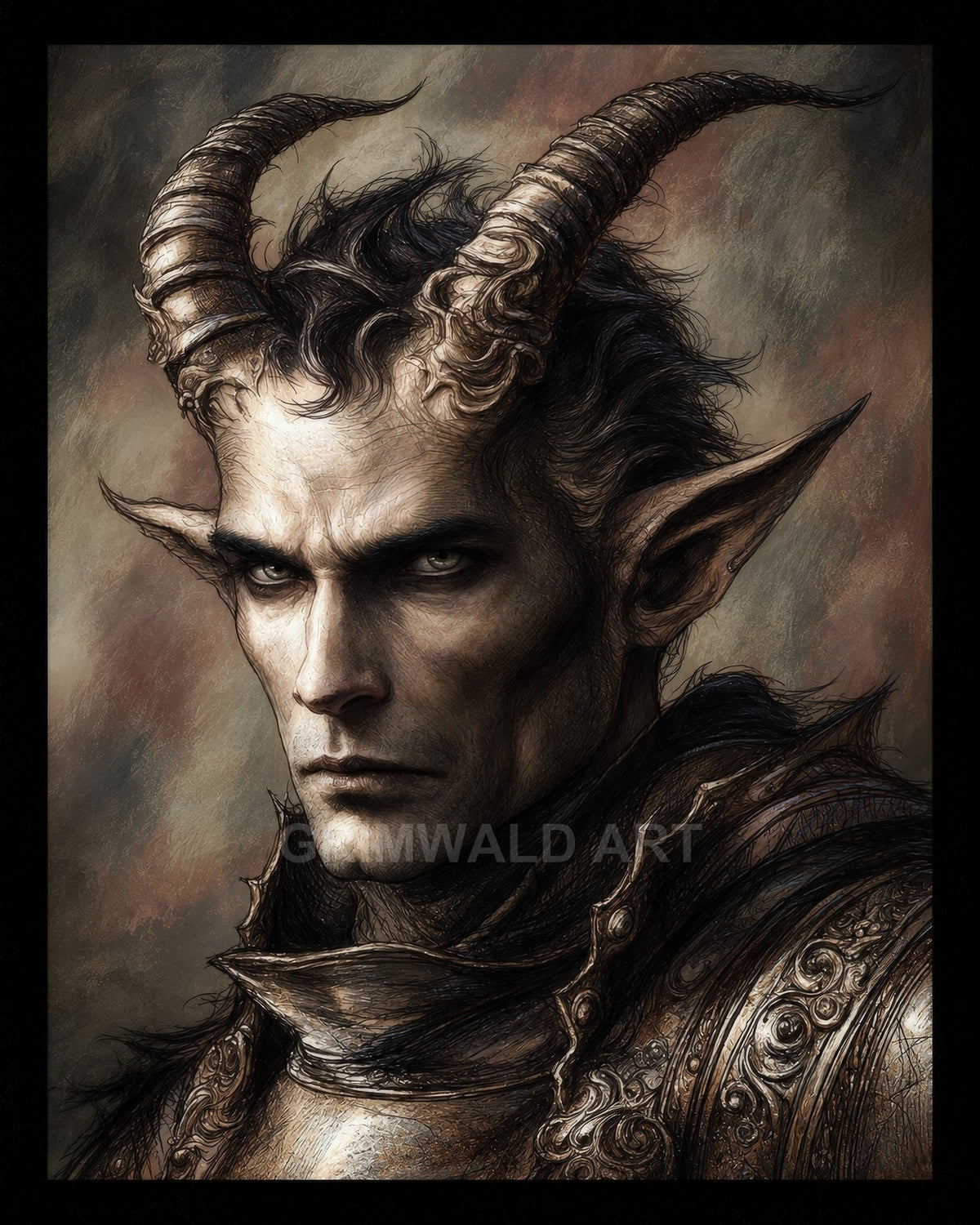 Close-up of a horned demon knight with pointed ears and ornate armour, male face lit in muted browns against a soft textured background.