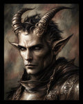 GRID THUMBNAIL — Close-up of a horned demon knight with pointed ears and ornate armour, male face lit in muted browns against a soft textured background.