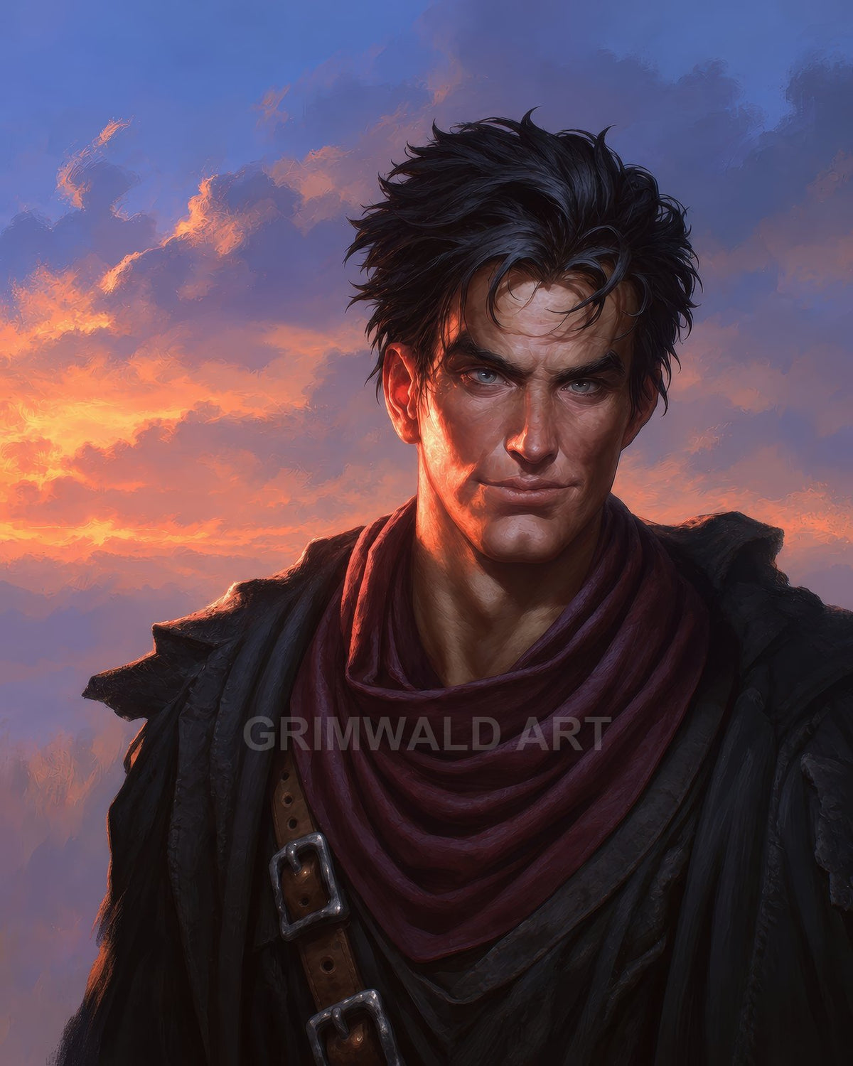Portrait of a rugged male adventurer in a maroon scarf, lit by sunset, with tousled dark hair, leather buckles, and a cool blue sky.
