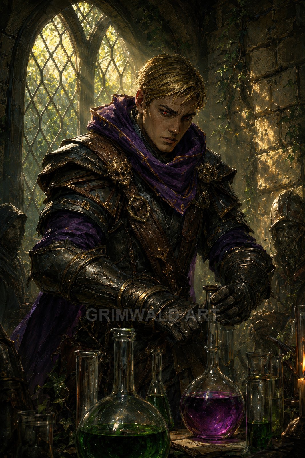 Armoured blond man in a purple scarf mixes potions at a cluttered table inside a vine-covered Gothic cathedral, sunbeams illuminating coloured glass flasks.