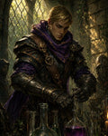 GRID THUMBNAIL — Armoured blond man in a purple scarf mixes potions at a cluttered table inside a vine-covered Gothic cathedral, sunbeams illuminating coloured glass flasks.