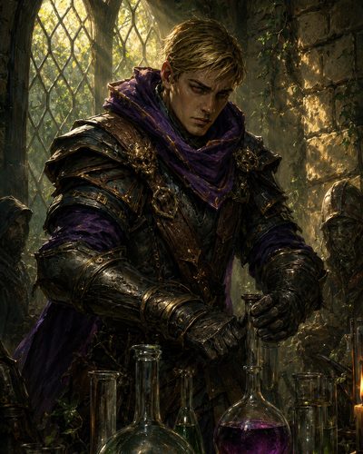 GRID THUMBNAIL — Armoured blond man in a purple scarf mixes potions at a cluttered table inside a vine-covered Gothic cathedral, sunbeams illuminating coloured glass flasks.