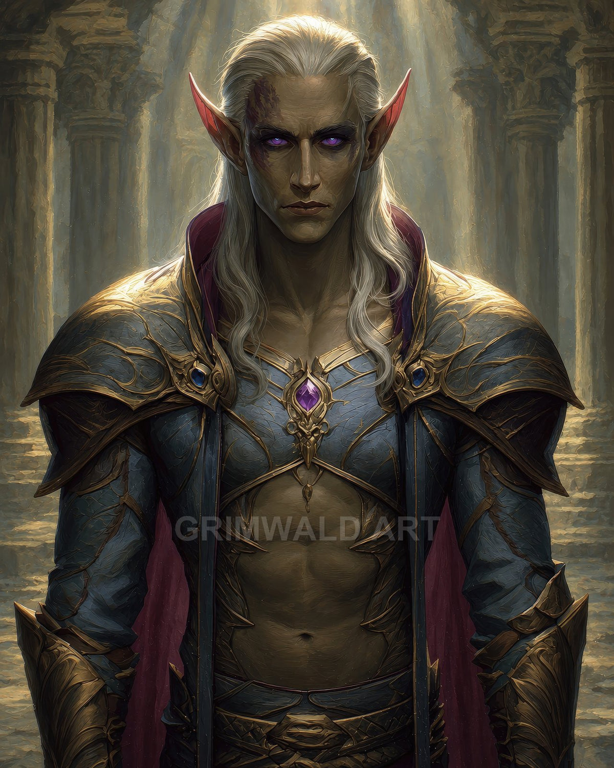 A silver-haired elf with glowing purple eyes and ornate gold-trimmed armour stands in a sunlit temple, displaying a prominent amethyst amulet.