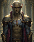 GRID THUMBNAIL — A silver-haired elf with glowing purple eyes and ornate gold-trimmed armour stands in a sunlit temple, displaying a prominent amethyst amulet.