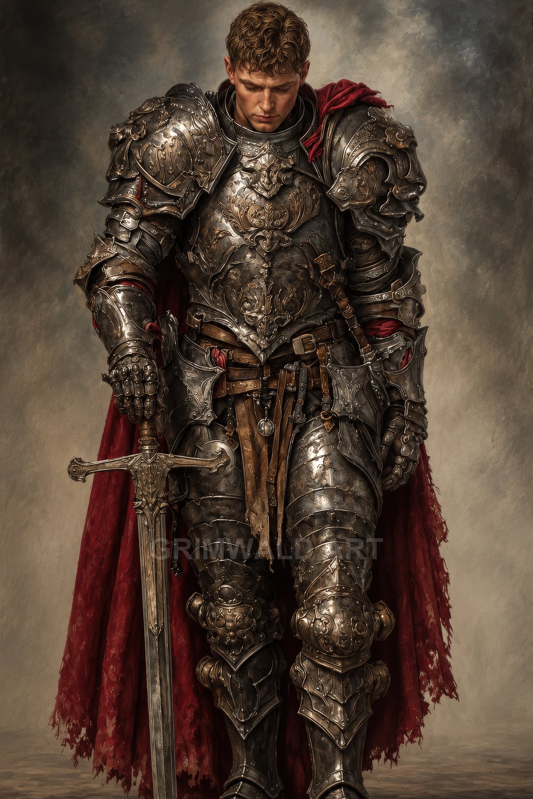 Full-length view of a male knight in ornate steel armour with a crimson cloak, head bowed, gripping a longsword against a neutral backdrop.