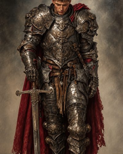 GRID THUMBNAIL — Full-length view of a male knight in ornate steel armour with a crimson cloak, head bowed, gripping a longsword against a neutral backdrop.