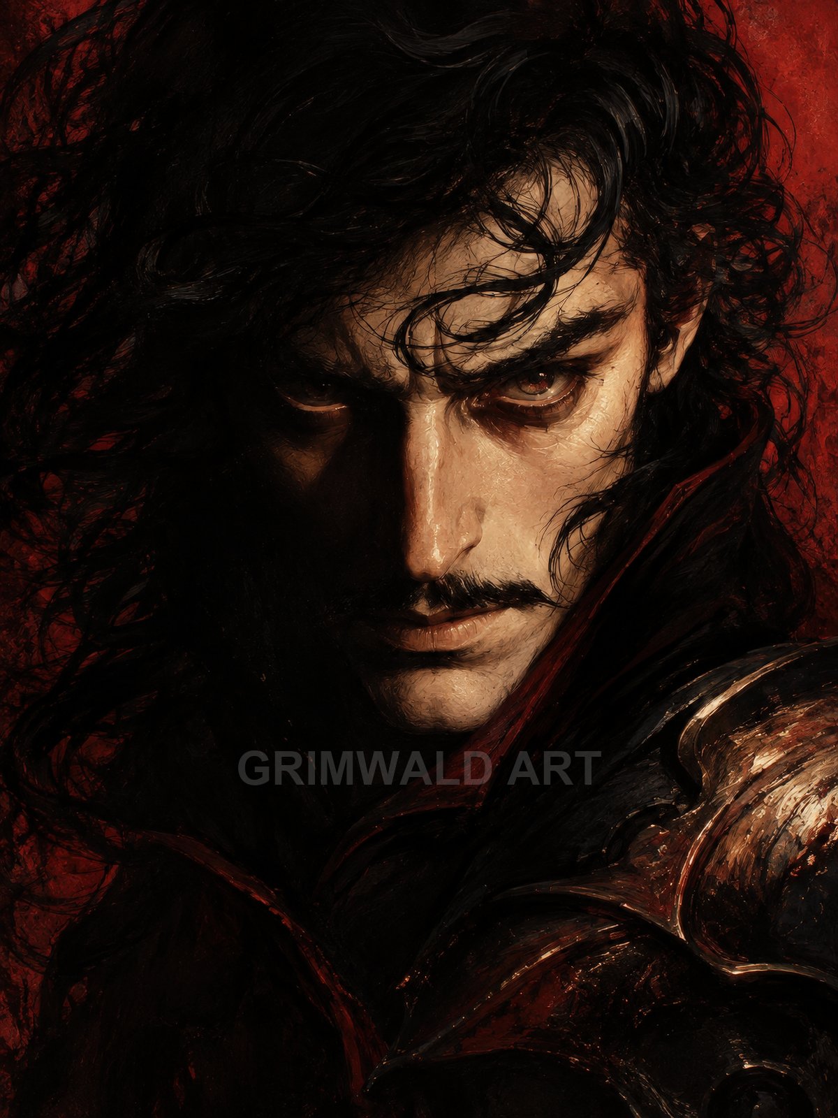 Close-up portrait of a dark-haired, moustached man in ornate dark armour, half-lit against a textured red background, staring intensely forward.