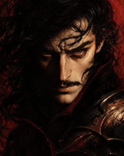 GRID THUMBNAIL — Close-up portrait of a dark-haired, moustached man in ornate dark armour, half-lit against a textured red background, staring intensely forward.