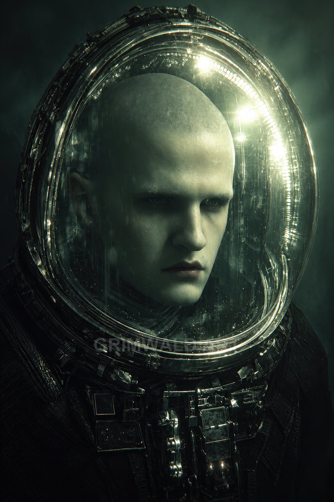 Bald human wearing a reflective illuminated space helmet and dark suit, a moody green-lit portrait with intricate mechanical fittings and glass reflections.
