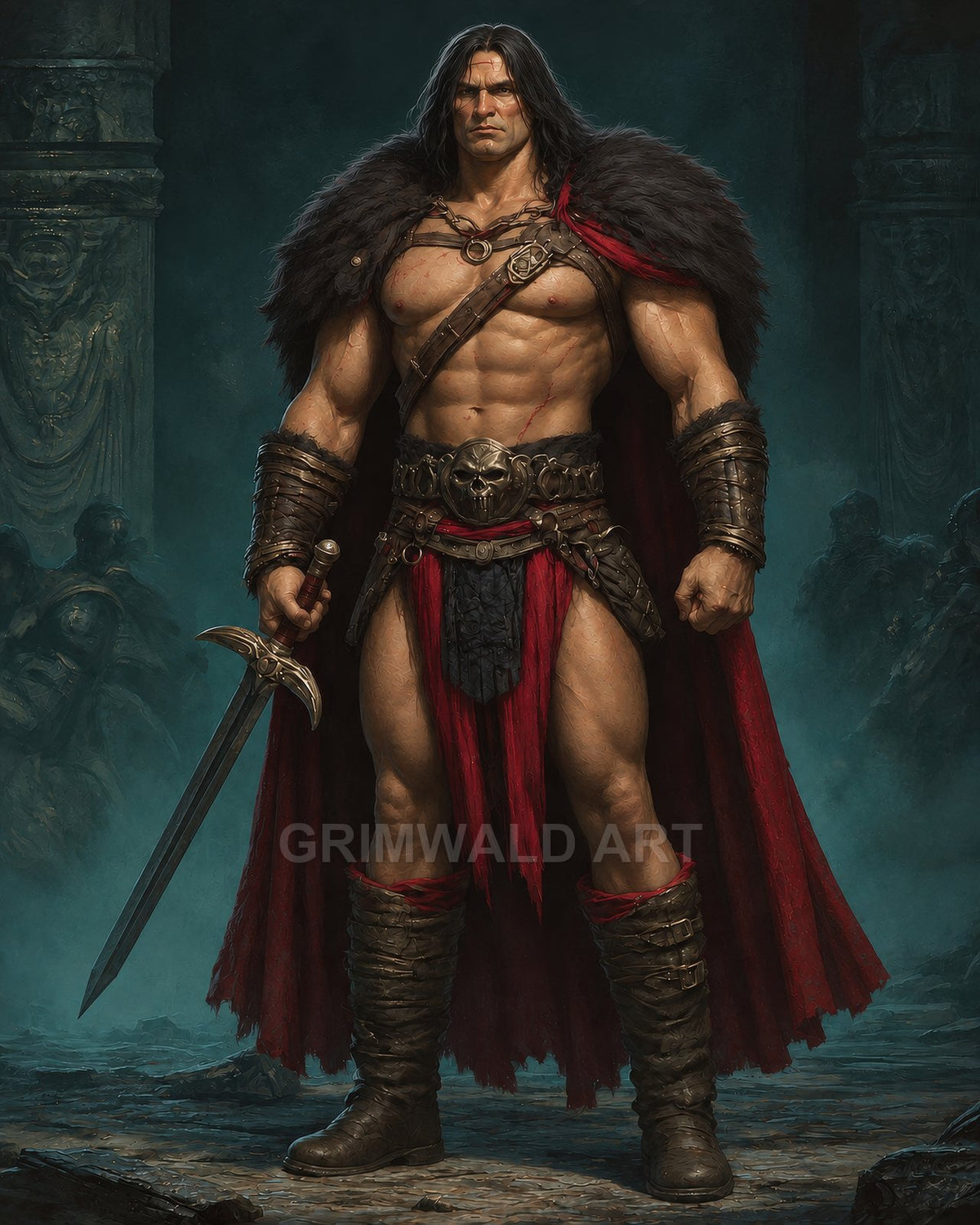 Muscular barbarian warrior stands in a ruined hall, fur cloak and skull belt on, gripping a sword, red cape flowing under moody moonlit teal light.