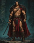 GRID THUMBNAIL — Muscular barbarian warrior stands in a ruined hall, fur cloak and skull belt on, gripping a sword, red cape flowing under moody moonlit teal light.