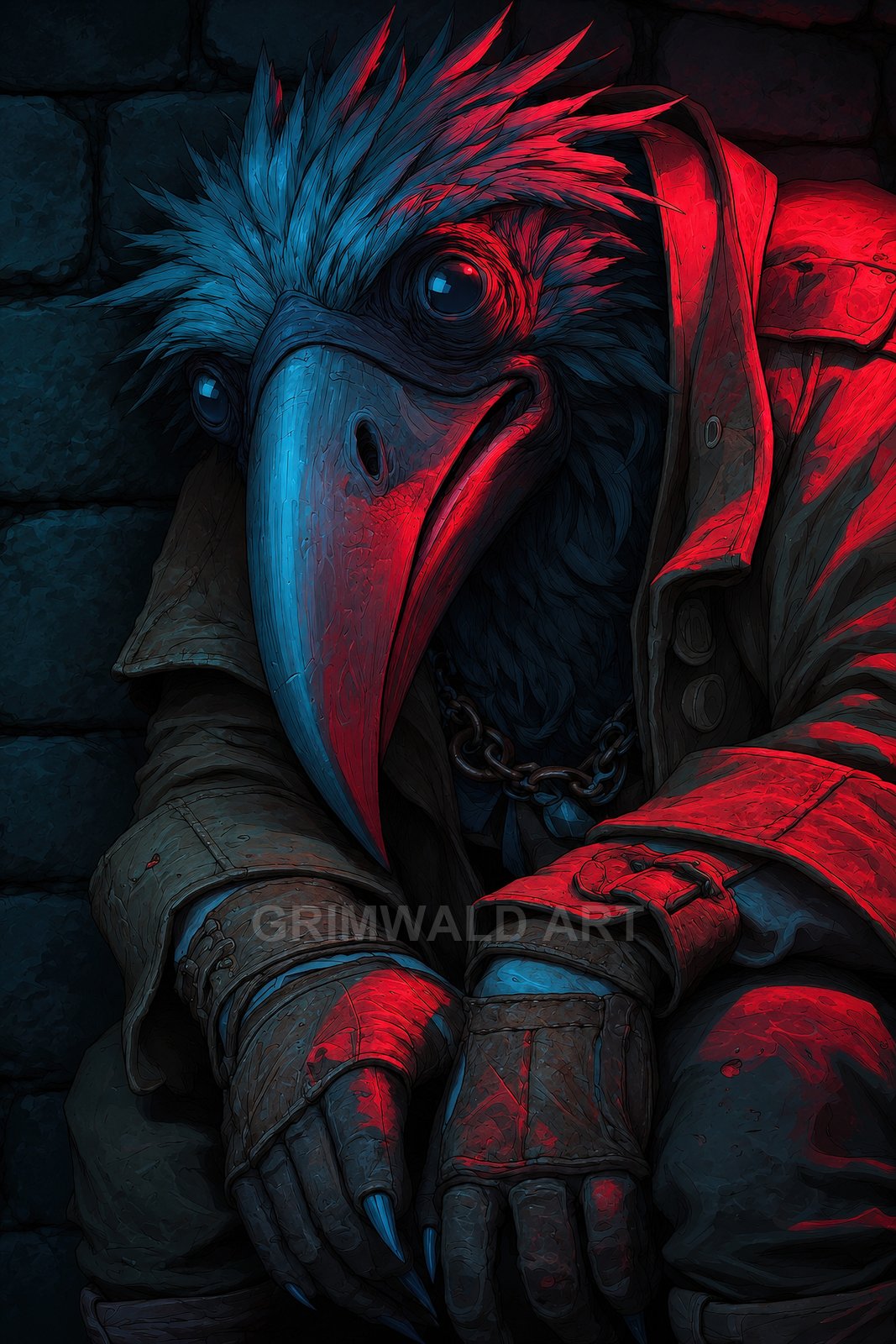 Crouched plague doctor with a long bird beak and feathered head, in a leather coat beside stone blocks, bathed in blue and red light.