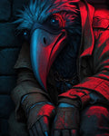 GRID THUMBNAIL — Crouched plague doctor with a long bird beak and feathered head, in a leather coat beside stone blocks, bathed in blue and red light.