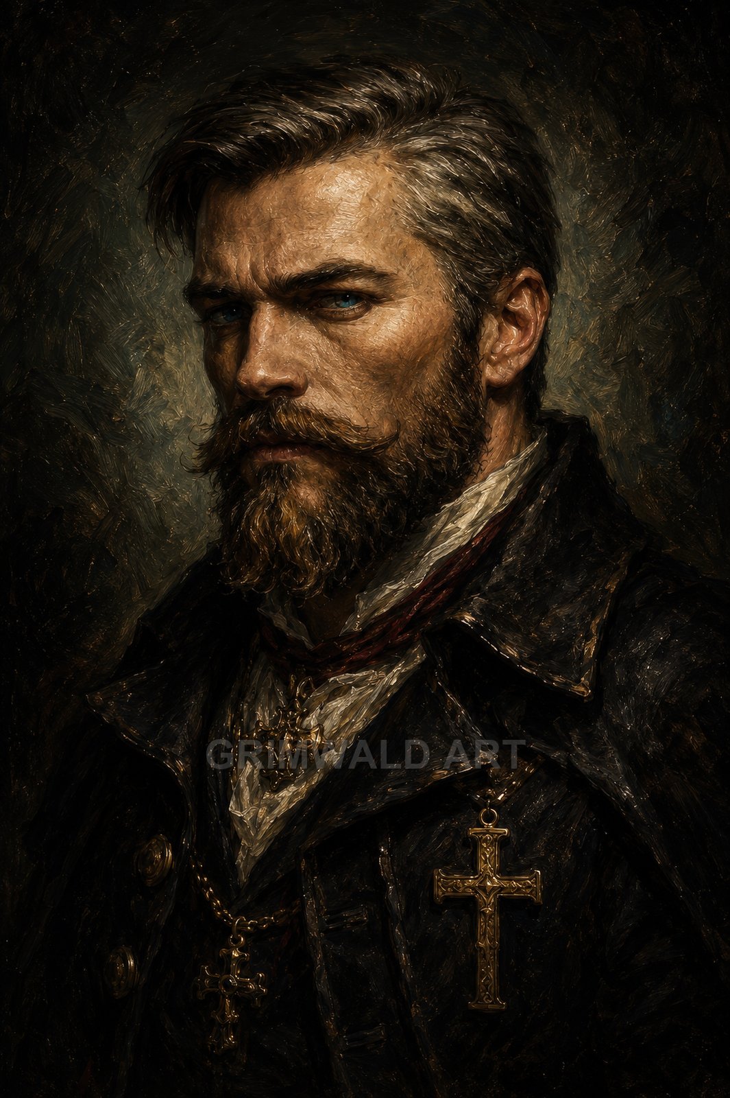 Moody oil-painted portrait of a stern bearded man wearing dark coat and multiple ornate gold cross pendants against a shadowed textured backdrop.