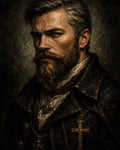 GRID THUMBNAIL — Moody oil-painted portrait of a stern bearded man wearing dark coat and multiple ornate gold cross pendants against a shadowed textured backdrop.