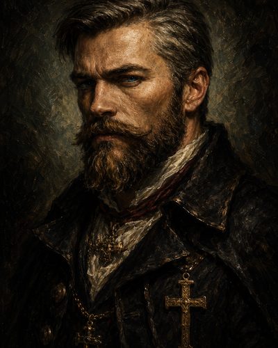 GRID THUMBNAIL — Moody oil-painted portrait of a stern bearded man wearing dark coat and multiple ornate gold cross pendants against a shadowed textured backdrop.