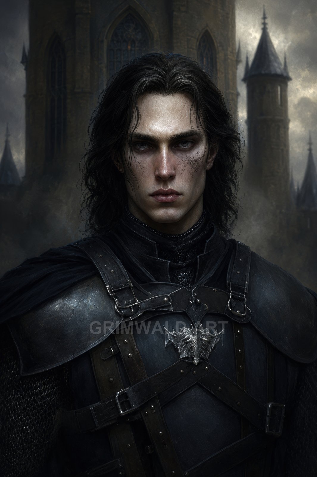 Dark-haired male knight in black plate armour with bat-shaped sigil stands before a looming gothic castle, moody twilight sky casting cold, atmospheric light.