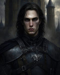 GRID THUMBNAIL — Dark-haired male knight in black plate armour with bat-shaped sigil stands before a looming gothic castle, moody twilight sky casting cold, atmospheric light.