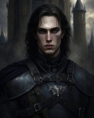 GRID THUMBNAIL — Dark-haired male knight in black plate armour with bat-shaped sigil stands before a looming gothic castle, moody twilight sky casting cold, atmospheric light.