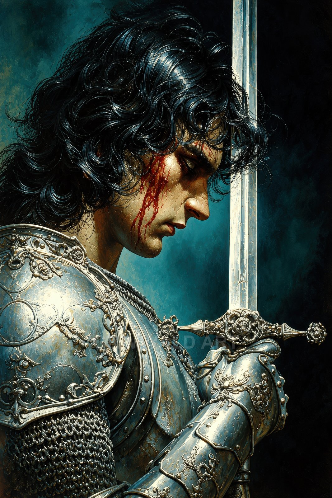Profile portrait of a wounded male knight in ornate silver armour, head bowed, gripping an elaborate sword against a dark teal backdrop.