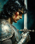 GRID THUMBNAIL — Profile portrait of a wounded male knight in ornate silver armour, head bowed, gripping an elaborate sword against a dark teal backdrop.
