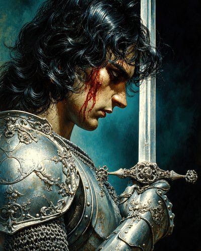GRID THUMBNAIL — Profile portrait of a wounded male knight in ornate silver armour, head bowed, gripping an elaborate sword against a dark teal backdrop.