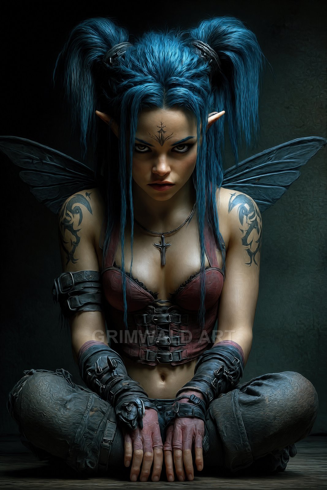 Brooding Blue-Haired Fae with Tattoos – Fantasy Character Art
