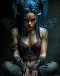 GRID THUMBNAIL — Blue-haired fairy woman with pointed ears and veined wings sits cross-legged in a dark interior, wearing leather straps, tattoos, and a pendant.