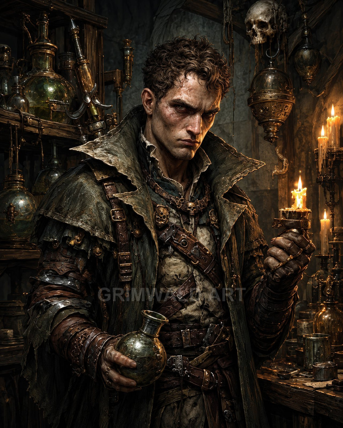 A grim male alchemist in tattered leathers holds a candle and glass flask in a cluttered, skull-adorned workshop lit by flickering flames.