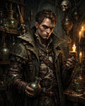 GRID THUMBNAIL — A grim male alchemist in tattered leathers holds a candle and glass flask in a cluttered, skull-adorned workshop lit by flickering flames.