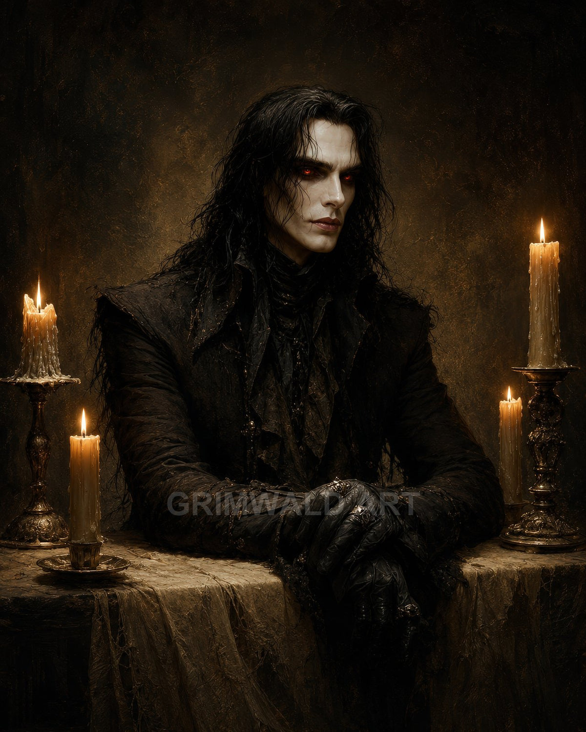 A pale, red-eyed vampire in black attire sits amid tall candles on ornate holders, gloved hands folded, within a dim, firelit interior.