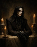GRID THUMBNAIL — A pale, red-eyed vampire in black attire sits amid tall candles on ornate holders, gloved hands folded, within a dim, firelit interior.
