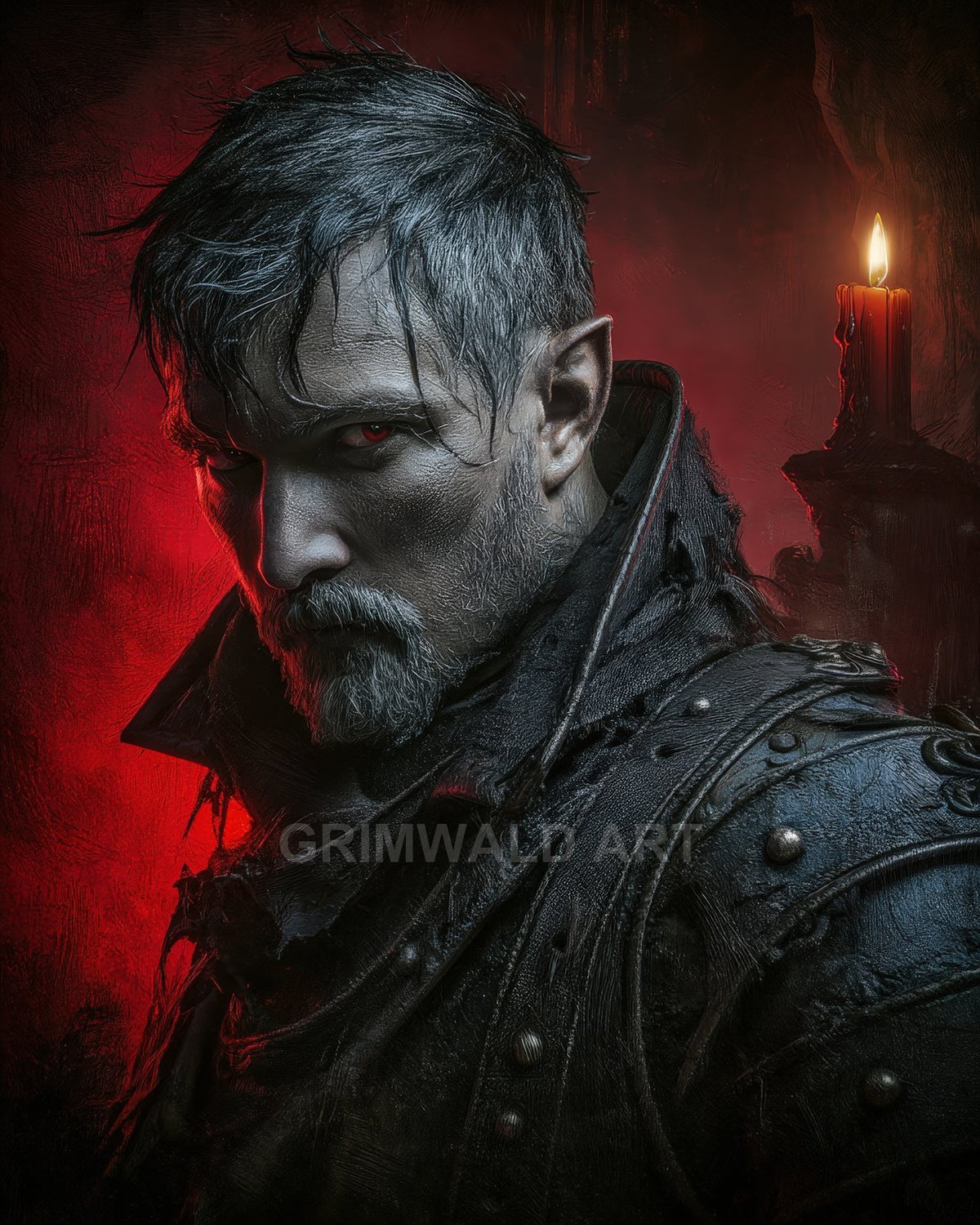 Dark fantasy portrait of a male vampire with red eyes and pointed ears, in black leather armour, lit by a single candle.