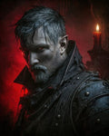 GRID THUMBNAIL — Dark fantasy portrait of a male vampire with red eyes and pointed ears, in black leather armour, lit by a single candle.