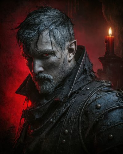 GRID THUMBNAIL — Dark fantasy portrait of a male vampire with red eyes and pointed ears, in black leather armour, lit by a single candle.