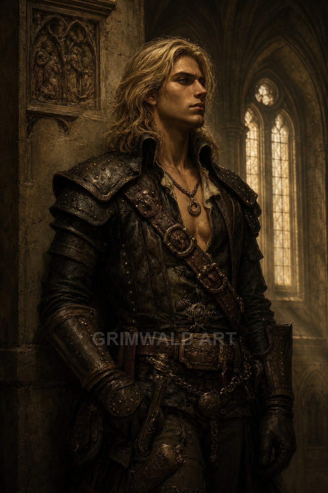 A blond male adventurer in studded leather armour leans against a cathedral wall, golden light streaming through tall gothic windows behind him.