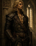 GRID THUMBNAIL — A blond male adventurer in studded leather armour leans against a cathedral wall, golden light streaming through tall gothic windows behind him.