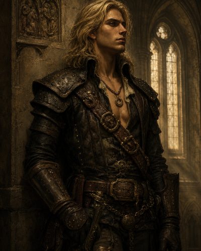 GRID THUMBNAIL — A blond male adventurer in studded leather armour leans against a cathedral wall, golden light streaming through tall gothic windows behind him.