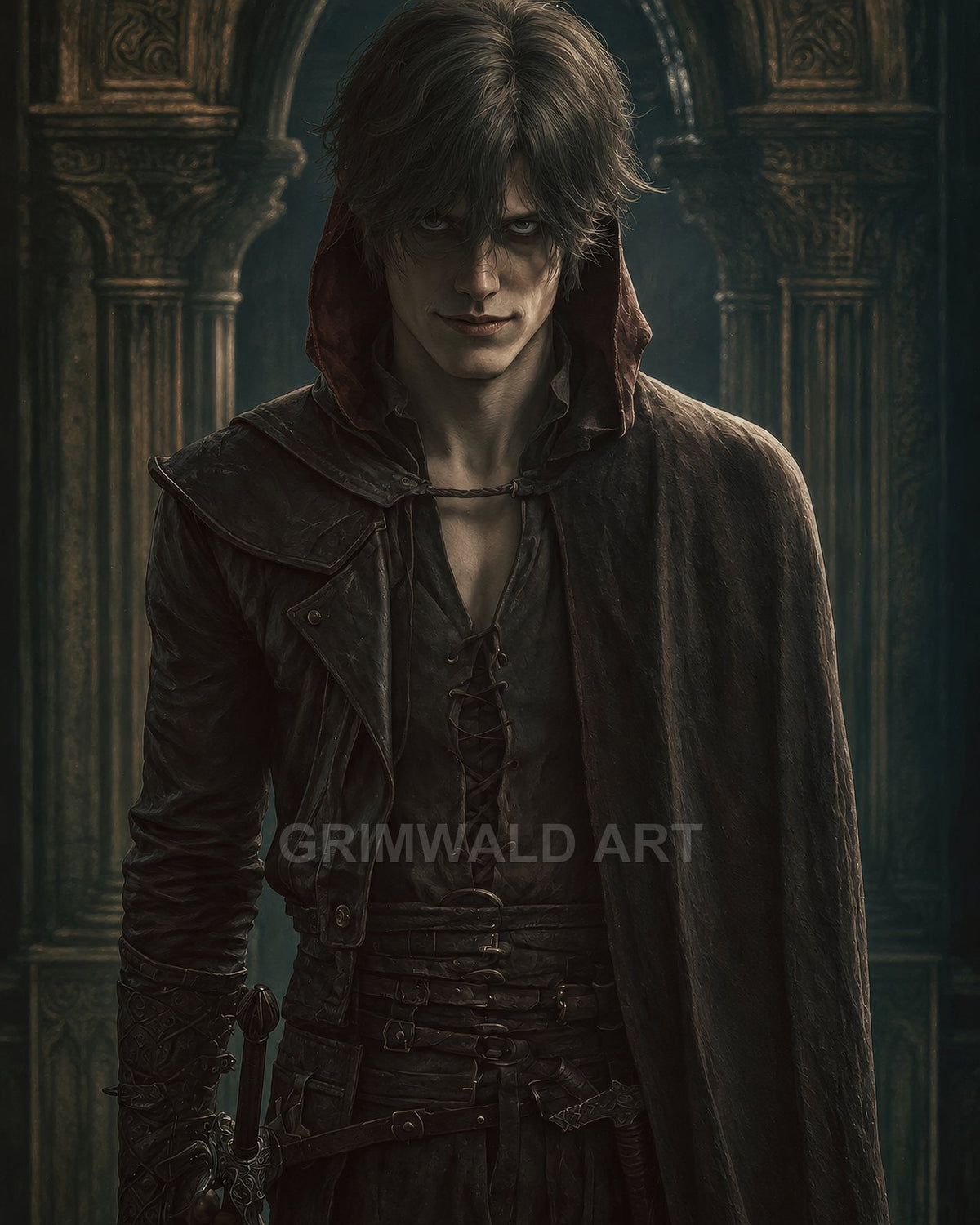 Brooding male rogue in dark leather and cloak stands before ornate gothic arches, hand on sword hilt, lit by moody night interior.