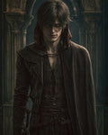 GRID THUMBNAIL — Brooding male rogue in dark leather and cloak stands before ornate gothic arches, hand on sword hilt, lit by moody night interior.