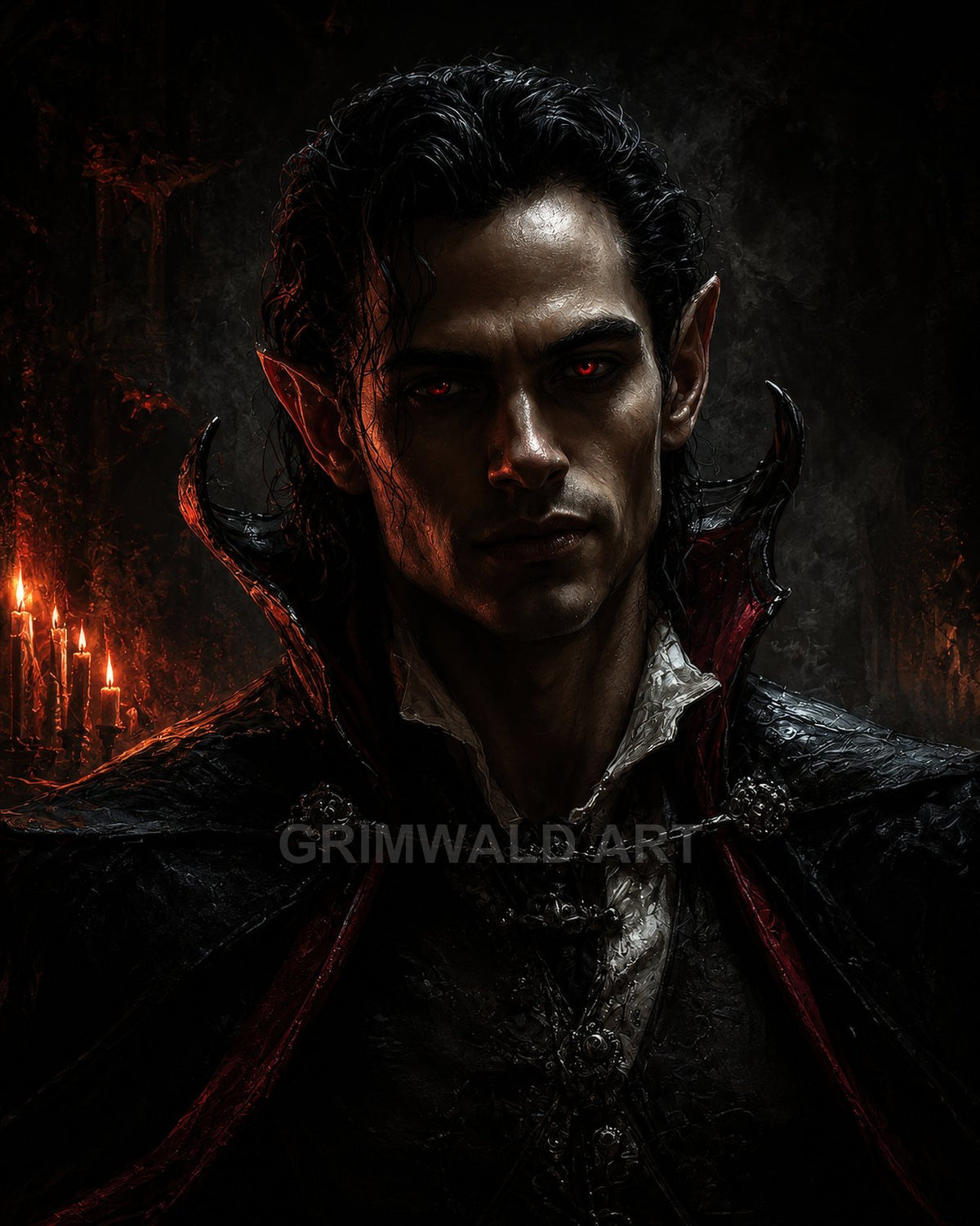 Dark gothic portrait of a male vampire with red glowing eyes, pointed ears and black hair, wearing ornate black cloak, candles flickering behind.